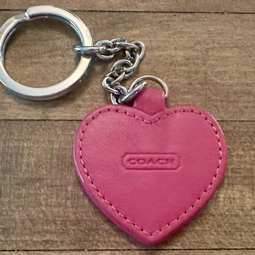 Coach Hot Pink Leather Heart Keychain Fob Bag Charm - Picture 5 of 6